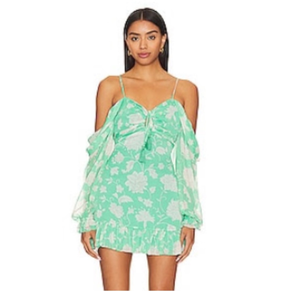 NWT House of Harlow 1960 Tanya Mini Dress Green Floral Cold Shoulder Size M